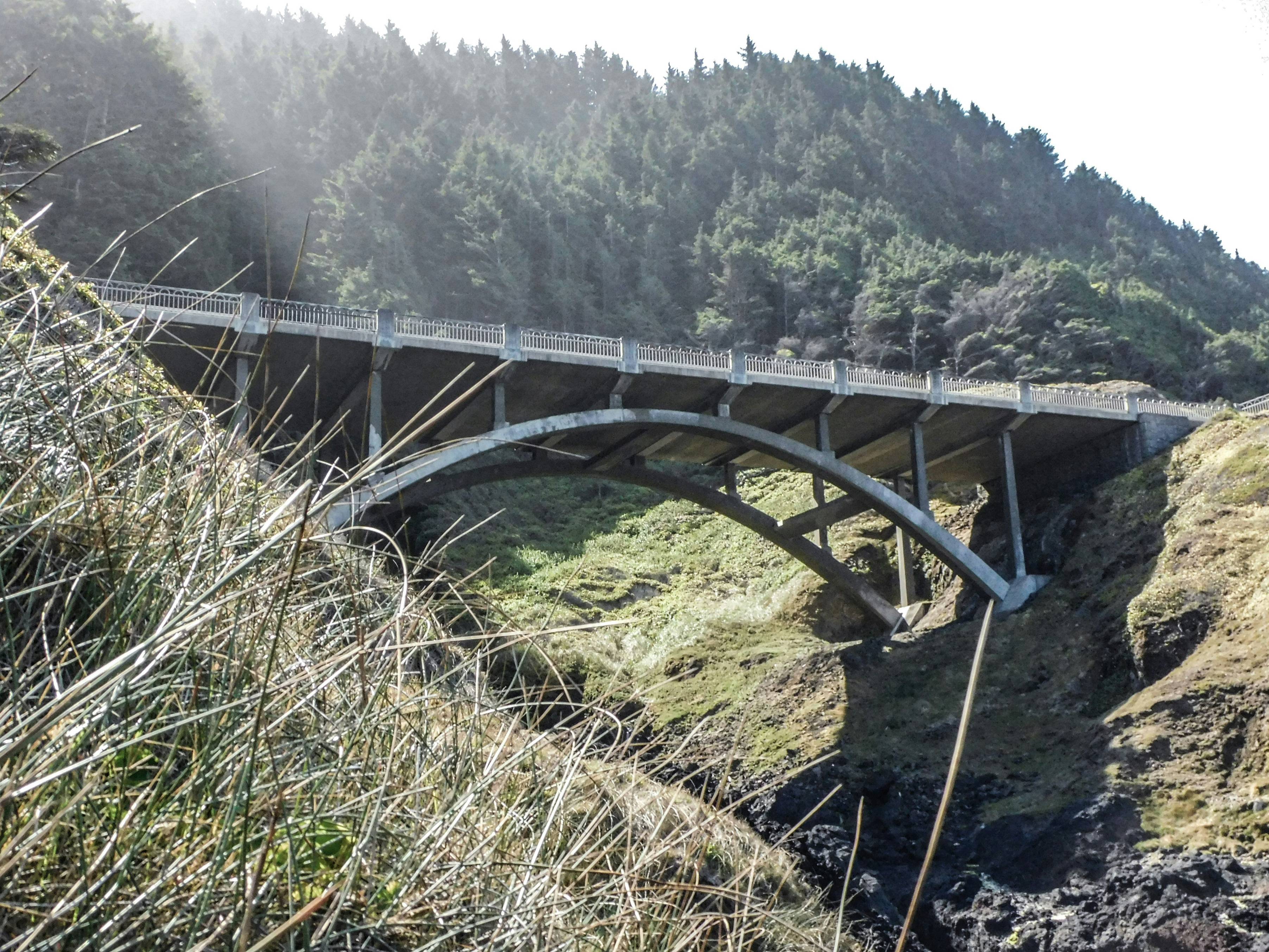 a bridge over a river with a mountain in the background